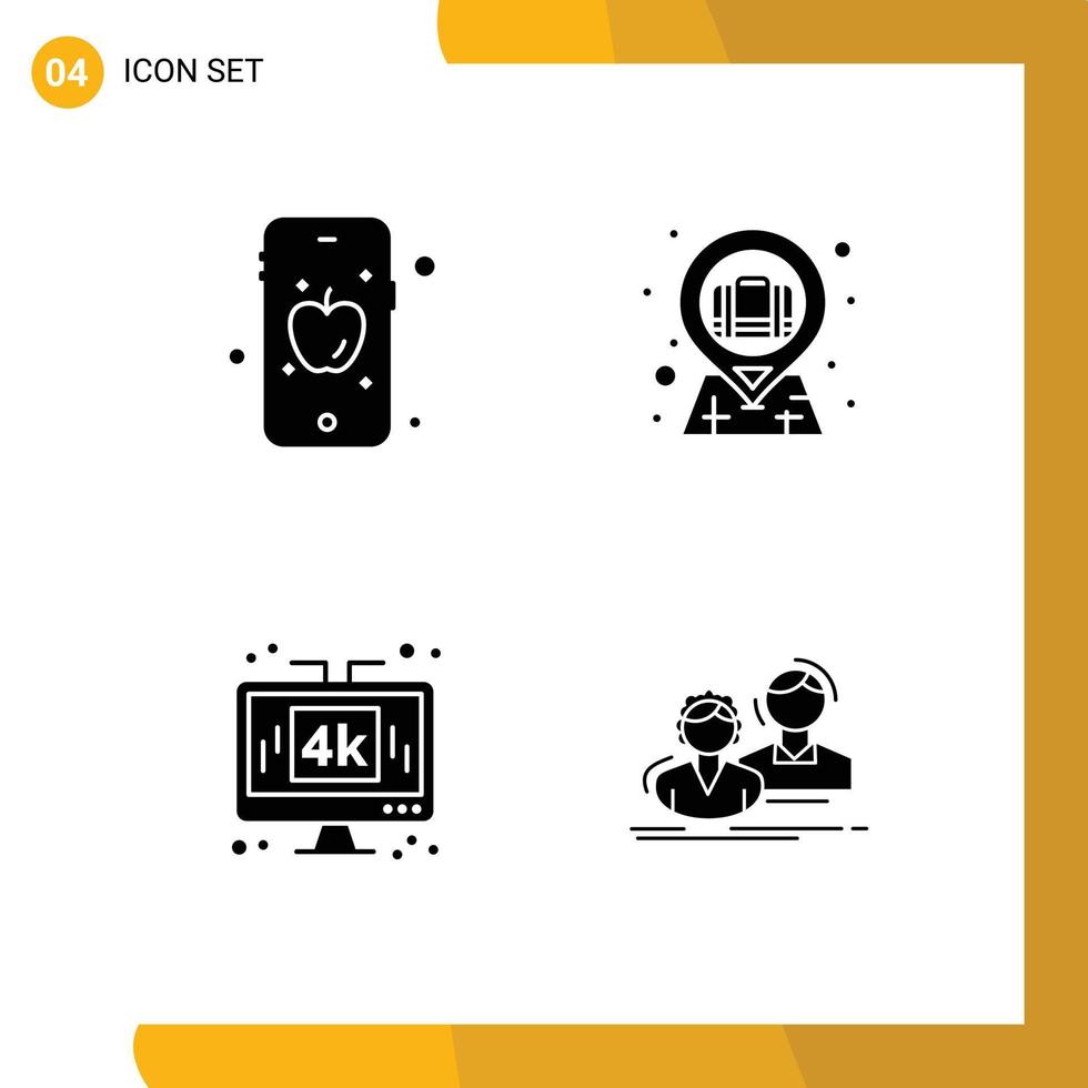 Modern Set of 4 Solid Glyphs and symbols such as mobile media bag case lcd Editable Vector Design Elements