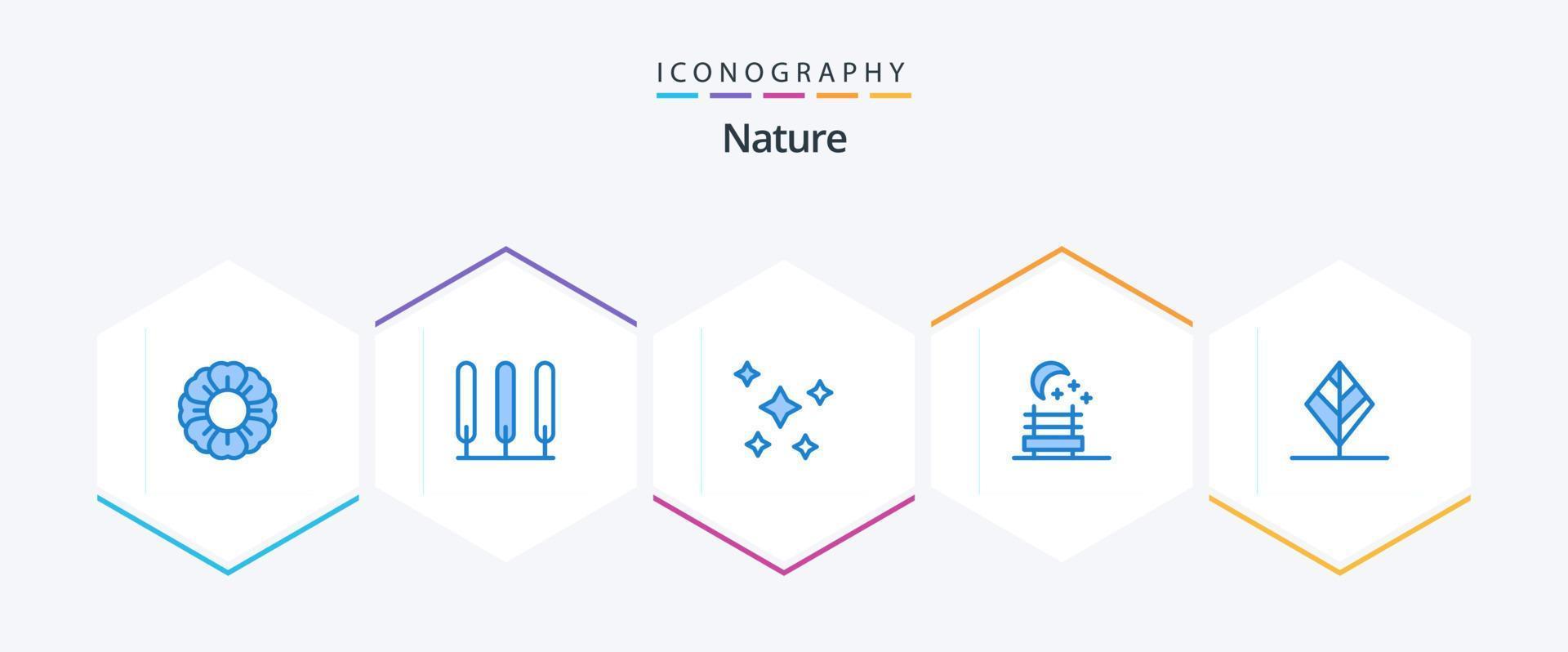 paquete de 25 íconos azules de la naturaleza que incluye . naturaleza. estrellas de la noche hoja. asiento de noche vector