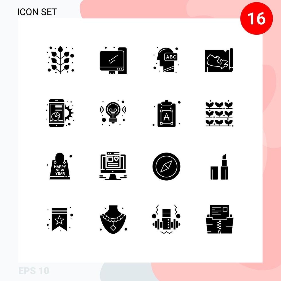 Modern Set of 16 Solid Glyphs and symbols such as graph chart head canada map Editable Vector Design Elements
