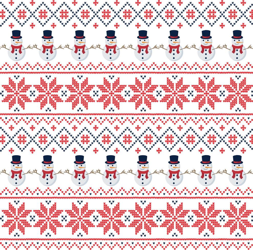 Knitted Christmas and New Year pattern in snowmen. Wool Knitting Sweater Design. Wallpaper wrapping paper textile print. Eps 10 vector