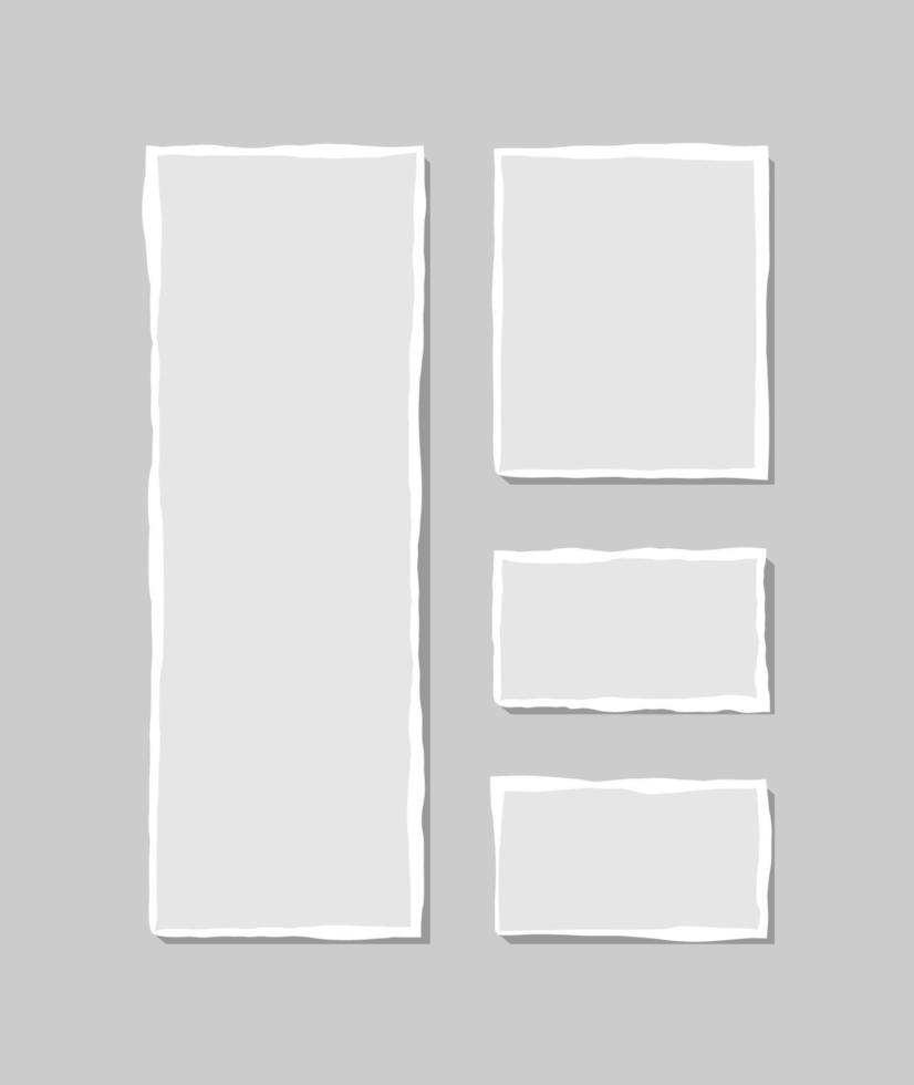 Set of torn white note. Scraps of torn paper of various shapes isolated on gray background. Vector illustration.