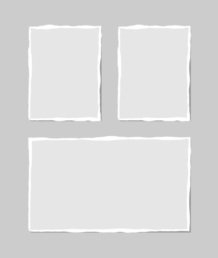 Set of torn white note. Scraps of torn paper of various shapes isolated on gray background. Vector illustration.