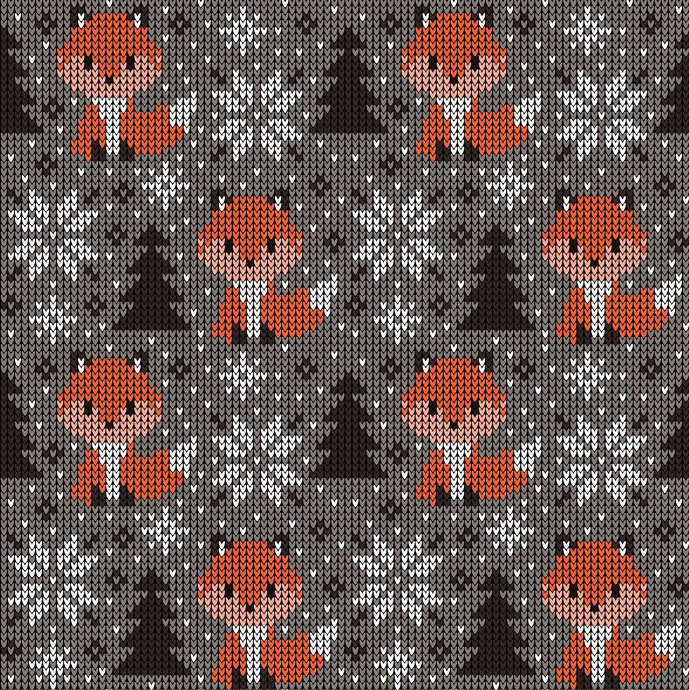 Knitted Christmas and New Year pattern in fox. Wool Knitting Sweater Design. Wallpaper wrapping paper textile print. Eps 10 vector