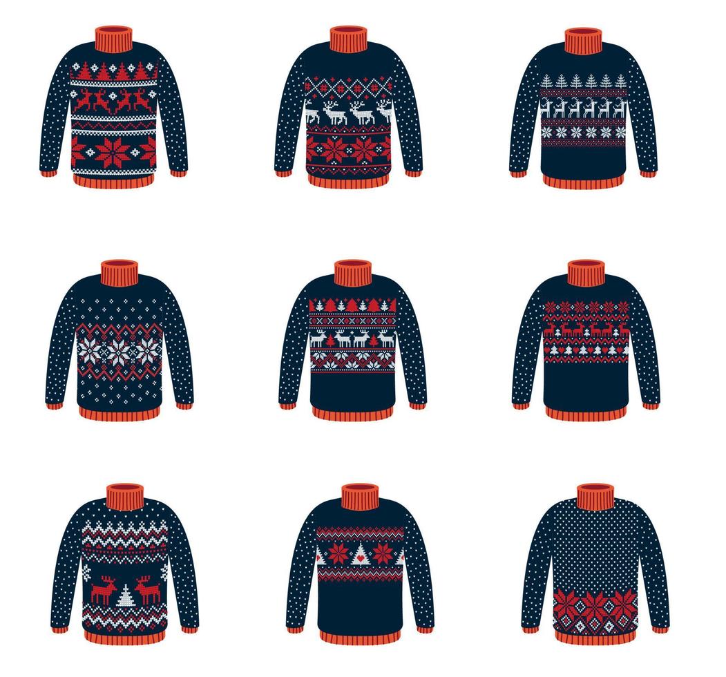 Vector ugly sweaters for Christmas party. Knitted jumpers with winter patterns