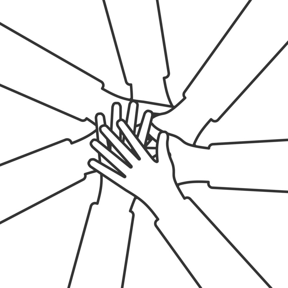 Hands of diverse group of people putting together. Cooperation, togetherness, partnership, agreement, teamwork, vector