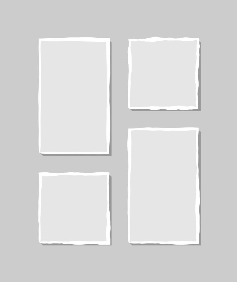 conjunto de notas blancas rotas. trozos de papel rasgado de varias formas aisladas sobre fondo gris. ilustración vectorial vector