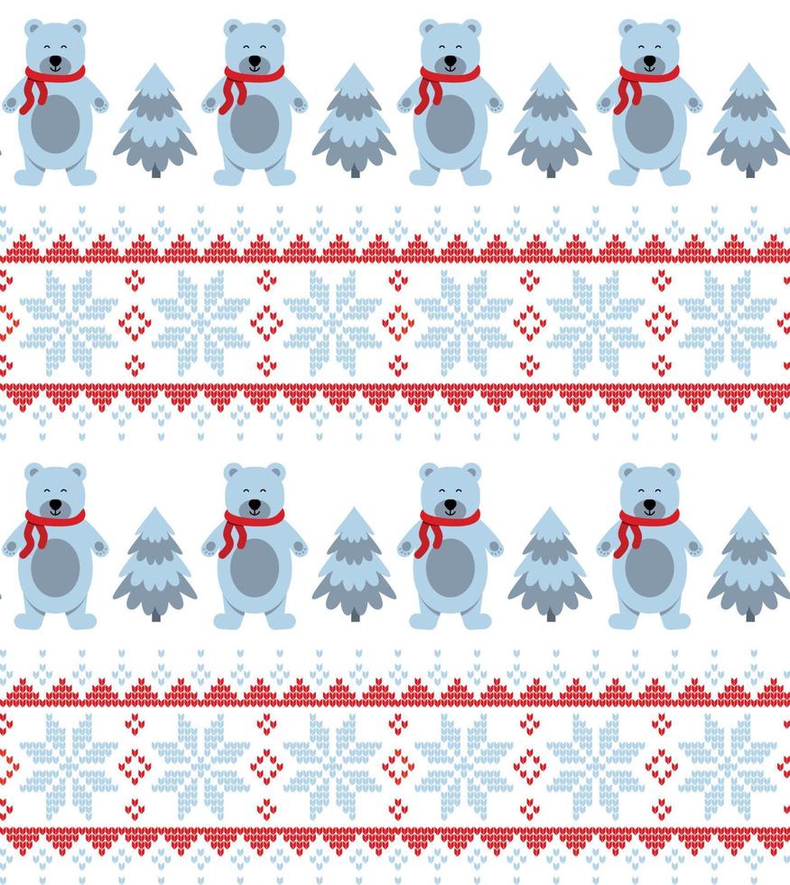 Knitted Christmas and New Year pattern into bears. Wool Knitting Sweater Design. Wallpaper wrapping paper textile print. Eps 10 vector