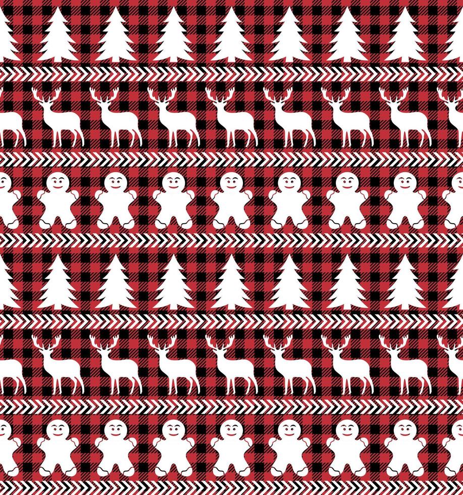 Buffalo plaid Christmas Jingle Bells on the background of the music page. Festive seamless pattern. Vector illustration.