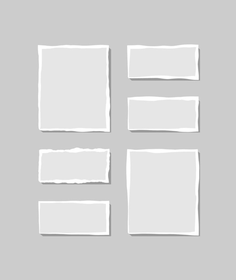 Set of torn white note. Scraps of torn paper of various shapes isolated on gray background. Vector illustration.