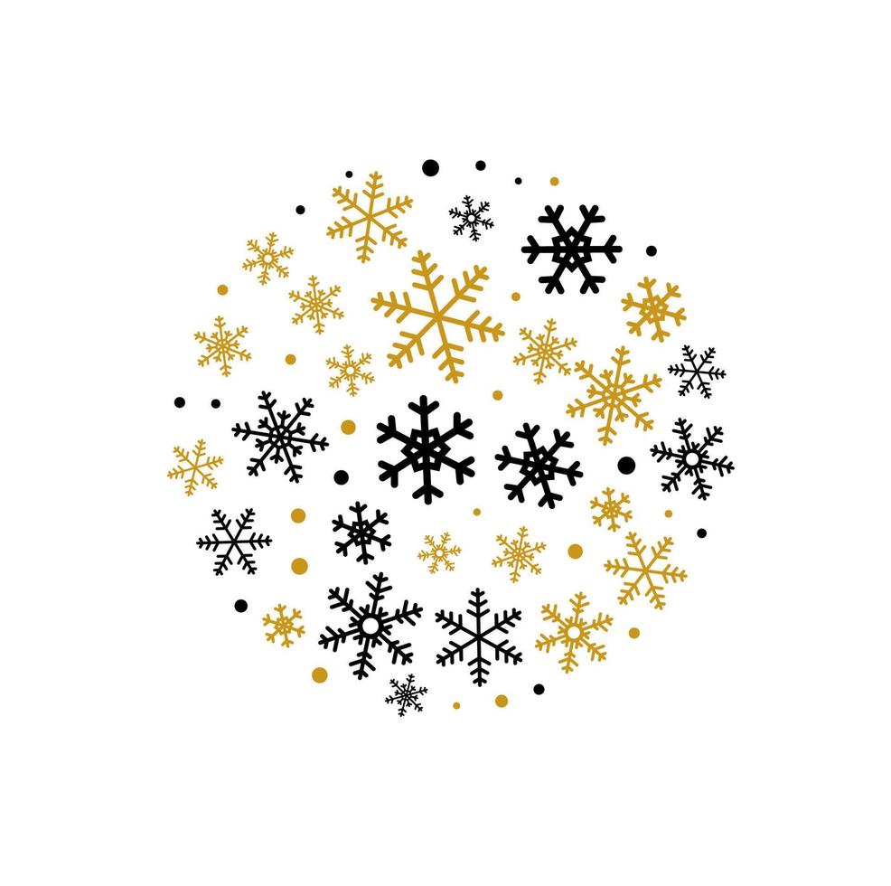 copos de nieve negros dorados. elementos de adornos de saludo de navidad colgando tarjeta de fondo blanco aislado vector