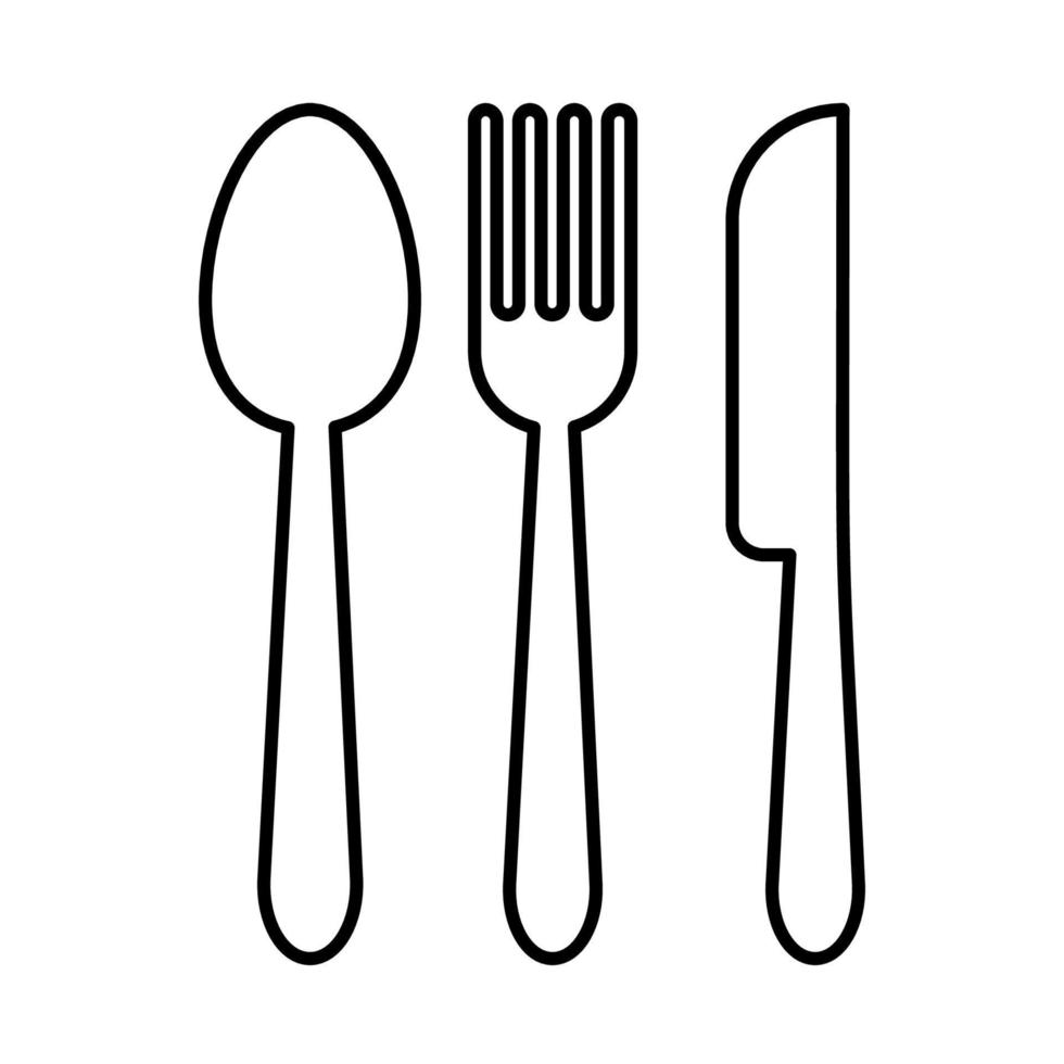 Outline, simple vector fork and spoon and knife icon isolated on white background.