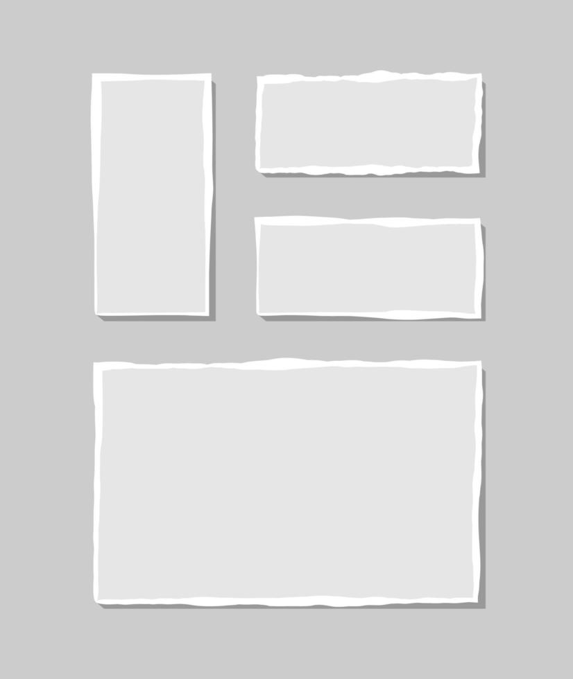 Set of torn white note. Scraps of torn paper of various shapes isolated on gray background. Vector illustration.