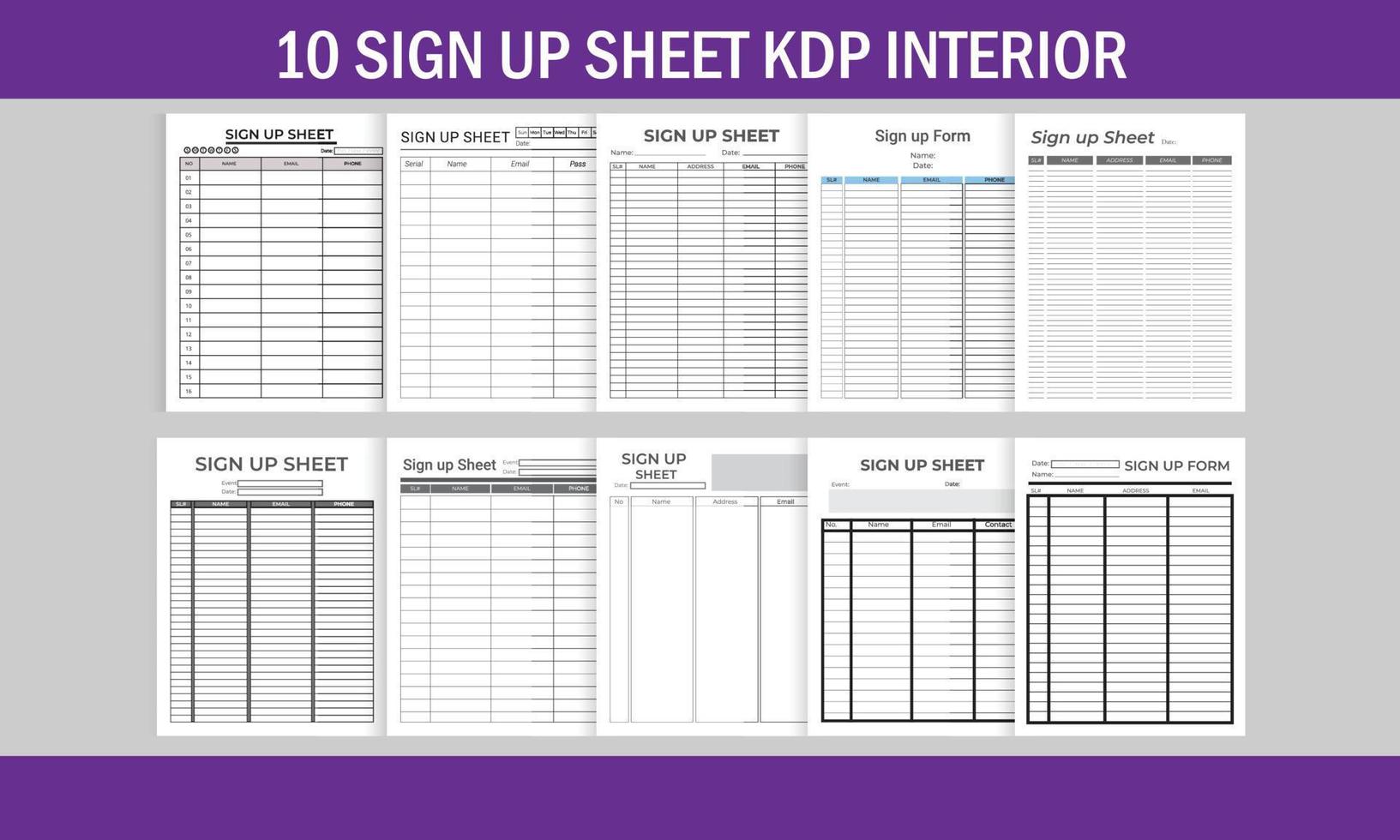 10 Editable Canva Templates Sign Up Sheet for KDP Sign Up Sheet for KDP Interior 10 Different Style and Unique Sign Up Sheet vector