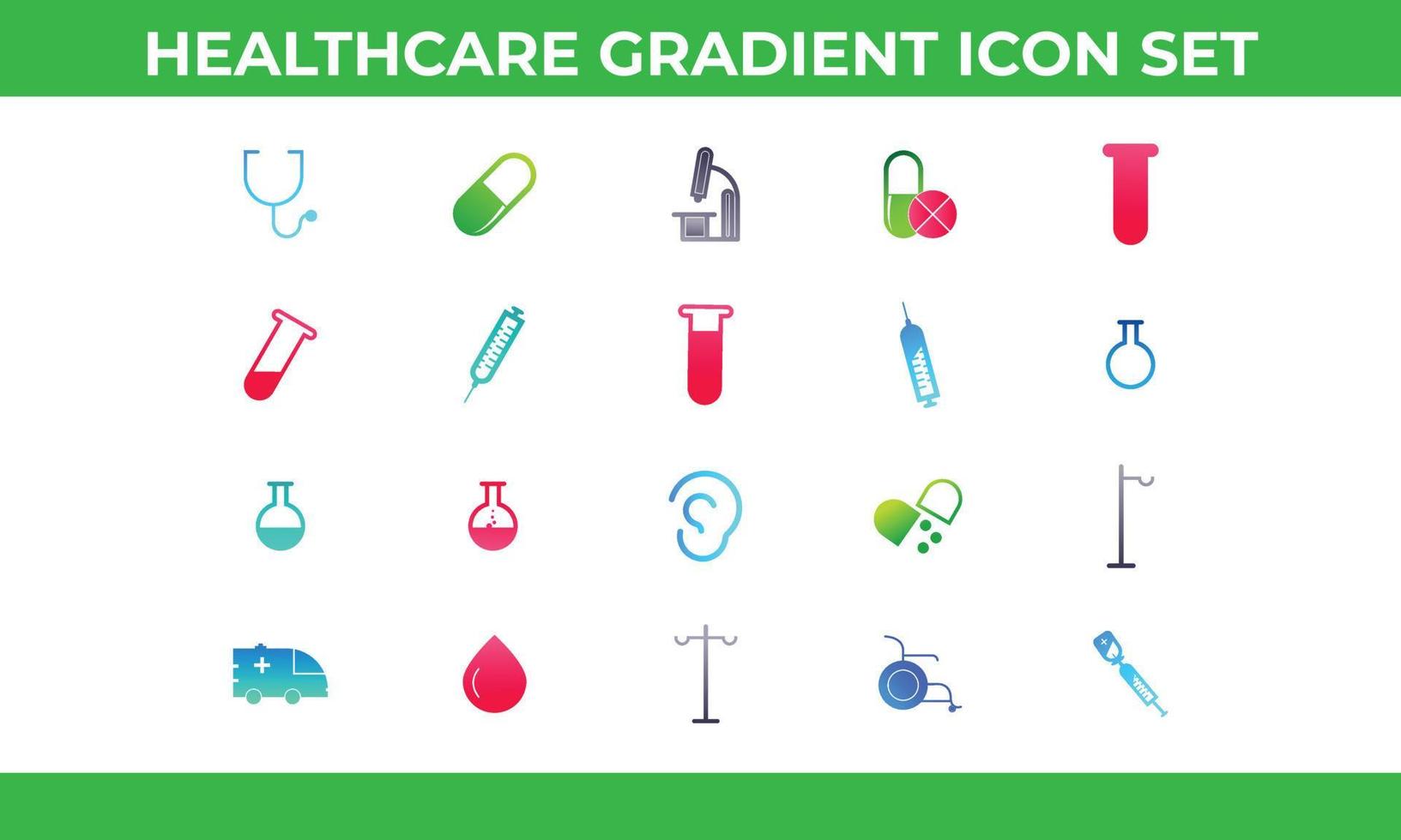 Healthcare and Medical Gradient Icon Set, first aid, transportation of a patient, health care, insurance, medical treatment, medicines and hospital personnel. vector
