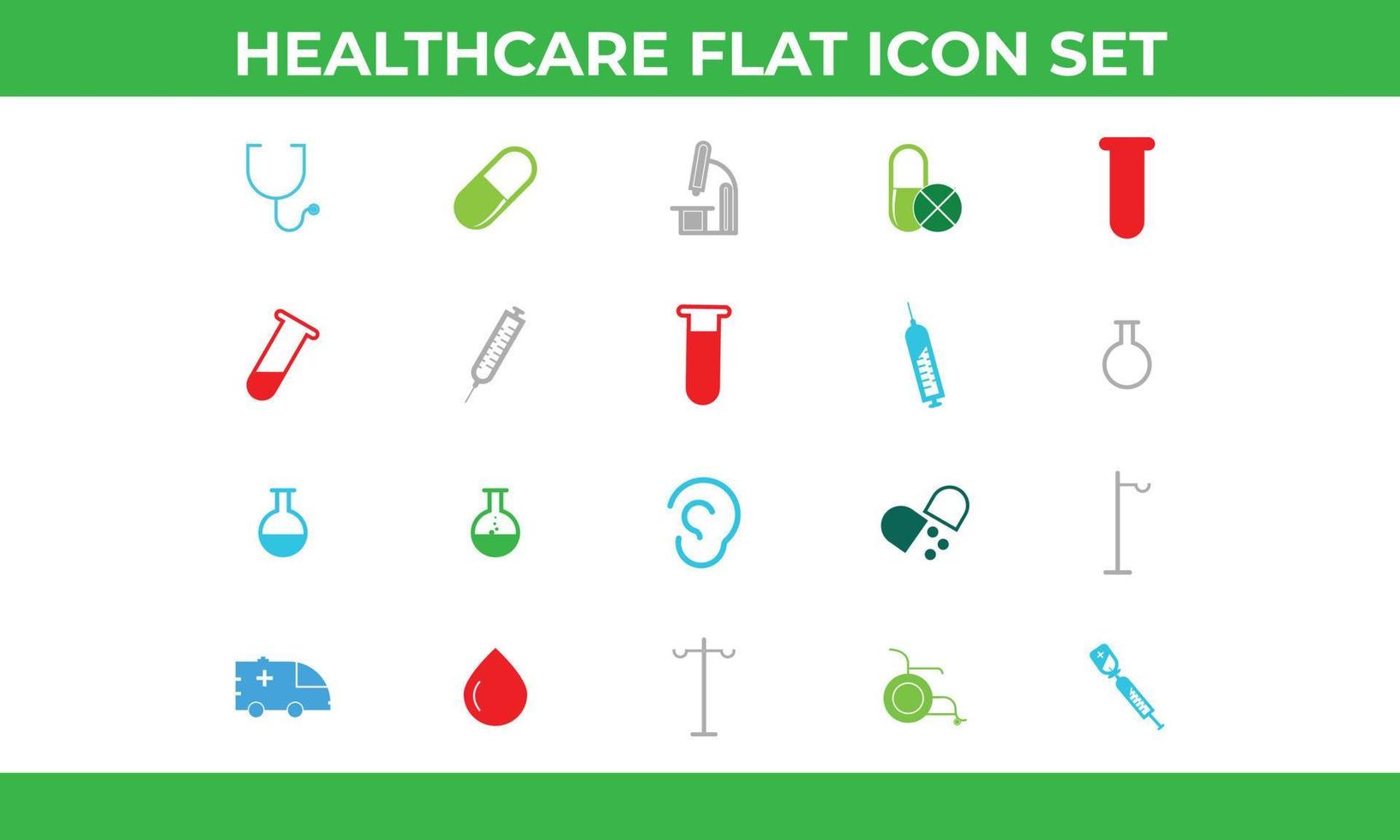 Healthcare and Medical Flat Icon Set, first aid, transportation of a patient, health care, insurance, medical treatment, medicines and hospital personnel. vector
