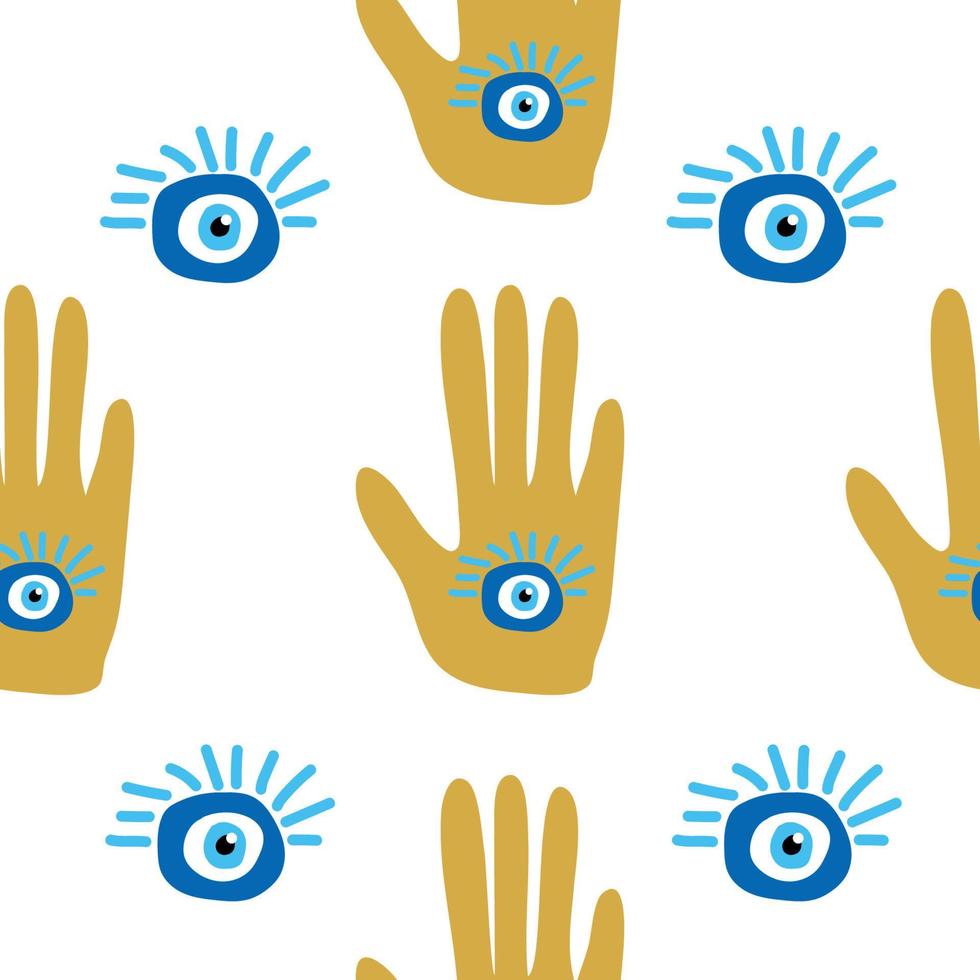 doodle seamless pattern Hamsa eye, magical eye, decor element. Pink, green, golden eyes. Fabric textile vector
