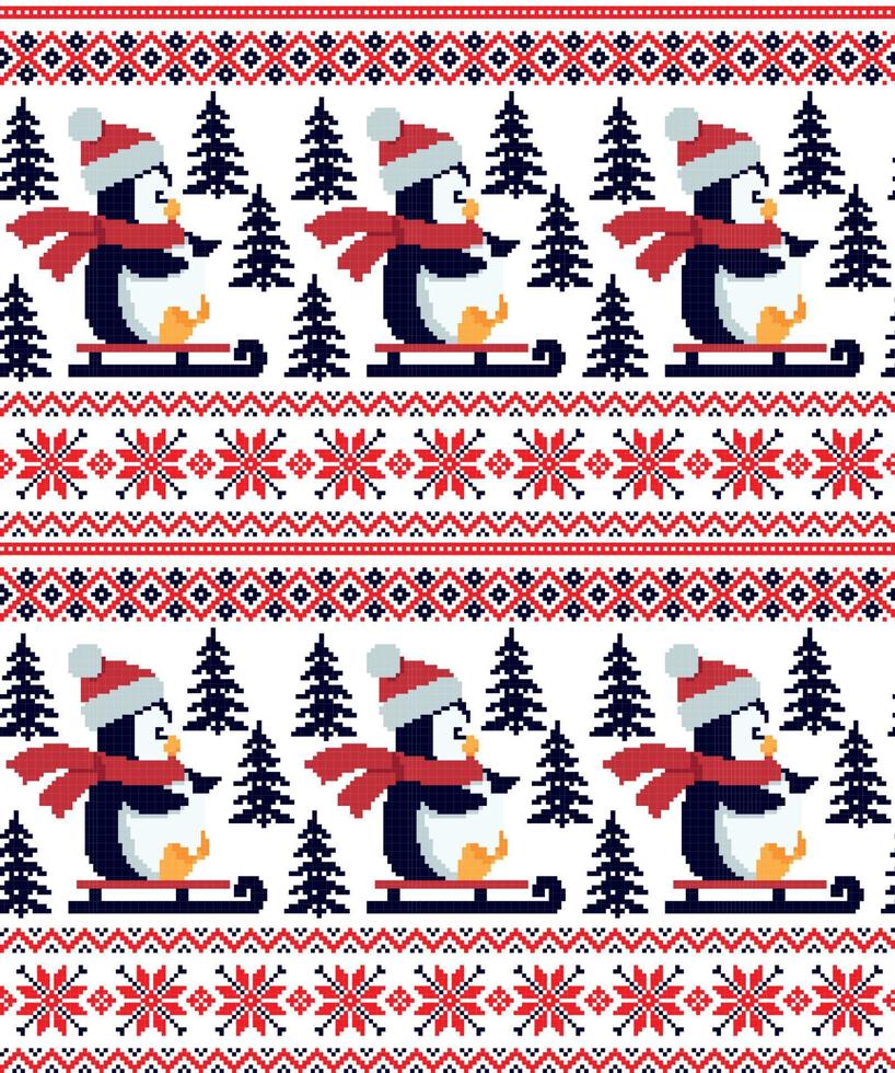 pixel de patrón de navidad de año nuevo en ilustración de vector de pingüinos