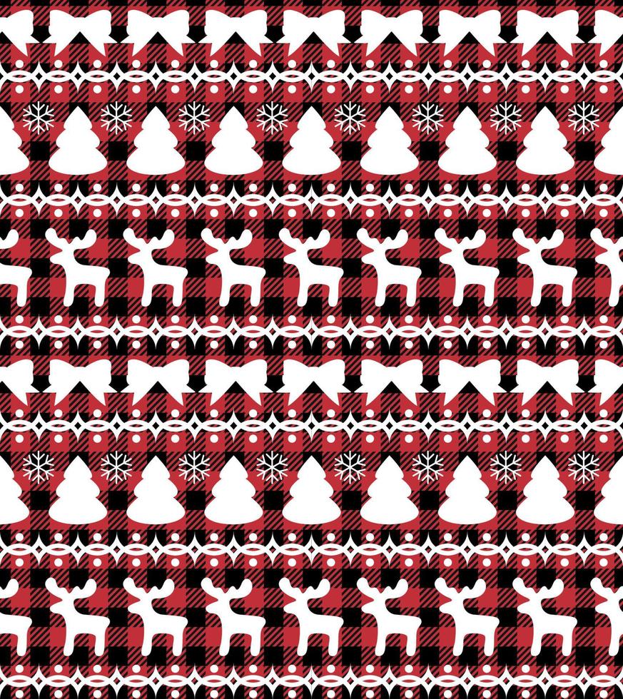 Buffalo plaid Christmas Jingle Bells on the background of the music page. Festive seamless pattern. Vector illustration.