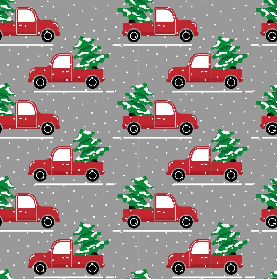 Seamless christmas pattern cabriolet carrying christmas tree vector