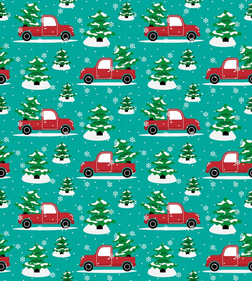 Seamless christmas pattern cabriolet carrying christmas tree vector