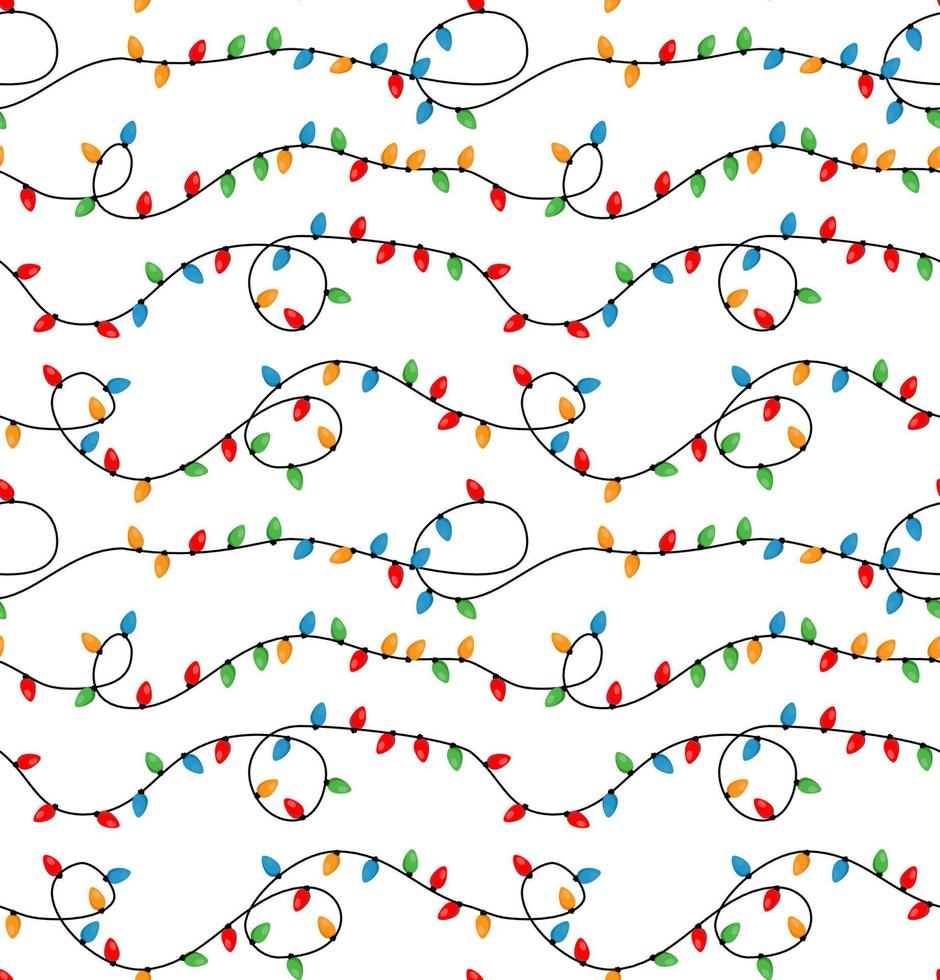 Red and Green Holiday Christmas and New Year Intertwined String Colorful Lights on White Background Vector Seamless Pattern. Winter Holiday Print