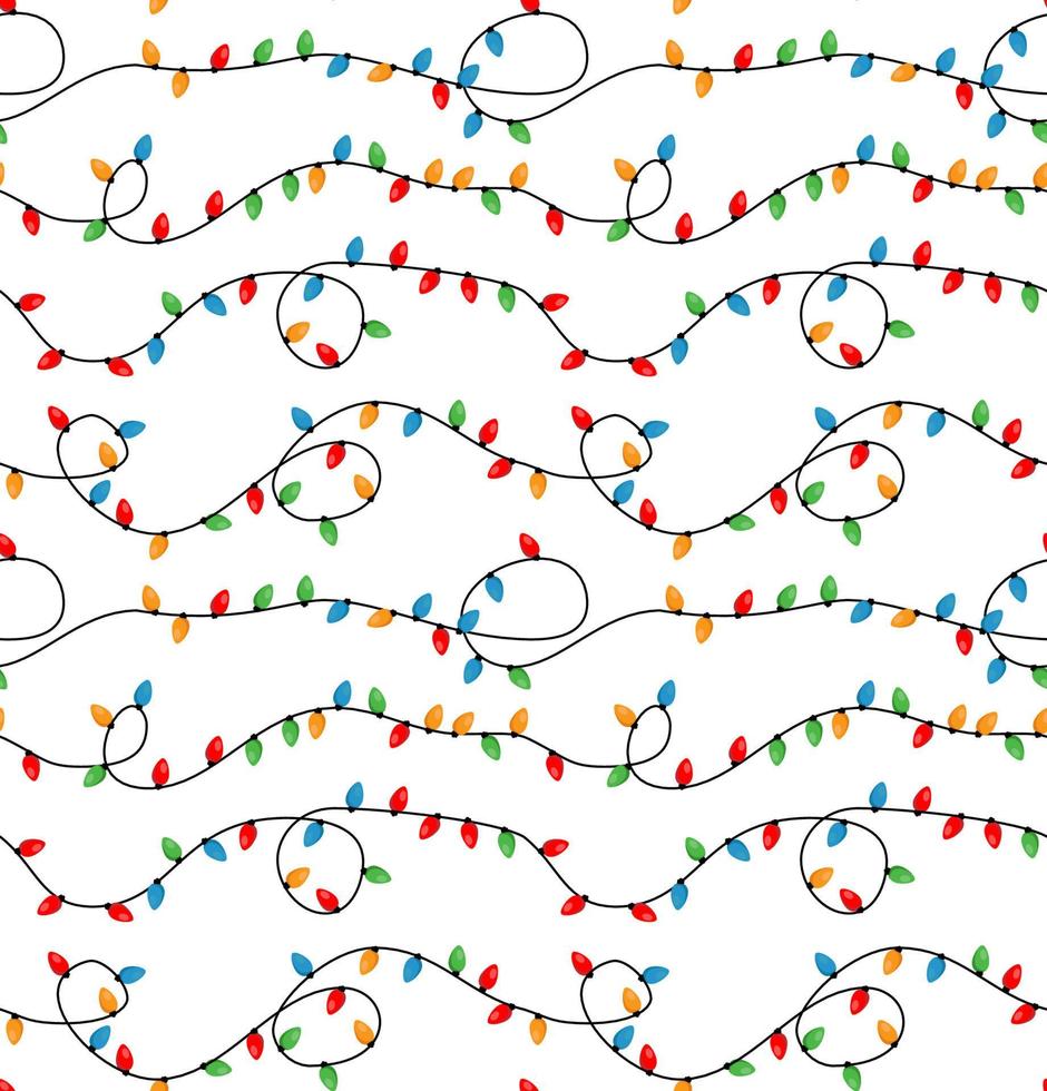 Red and Green Holiday Christmas and New Year Intertwined String Colorful Lights on White Background Vector Seamless Pattern. Winter Holiday Print