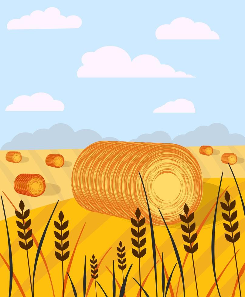 Countryside landscape with haystacks on fields. Rural area landscape. Hay bales. vector