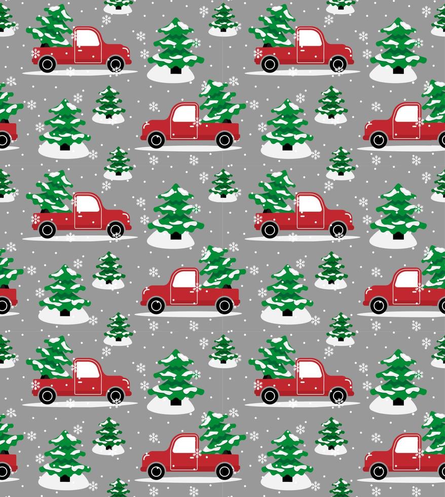 Seamless christmas pattern cabriolet carrying christmas tree vector