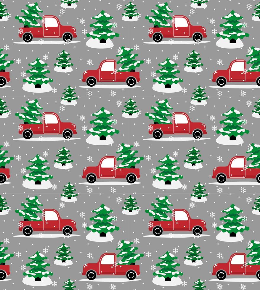 Seamless christmas pattern cabriolet carrying christmas tree vector