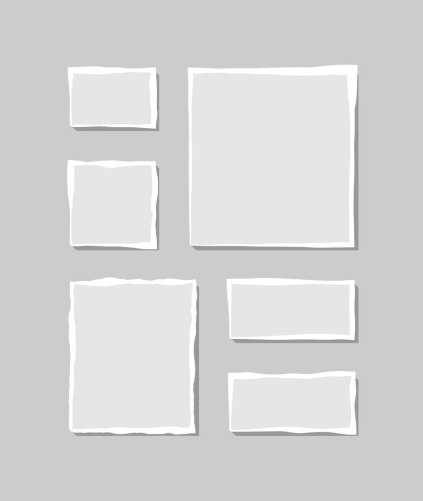 conjunto de notas blancas rotas. trozos de papel rasgado de varias formas aisladas sobre fondo gris. ilustración vectorial vector