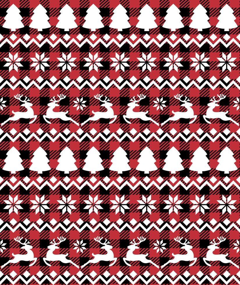 Buffalo plaid Christmas Jingle Bells on the background of the music page. Festive seamless pattern. Vector illustration.