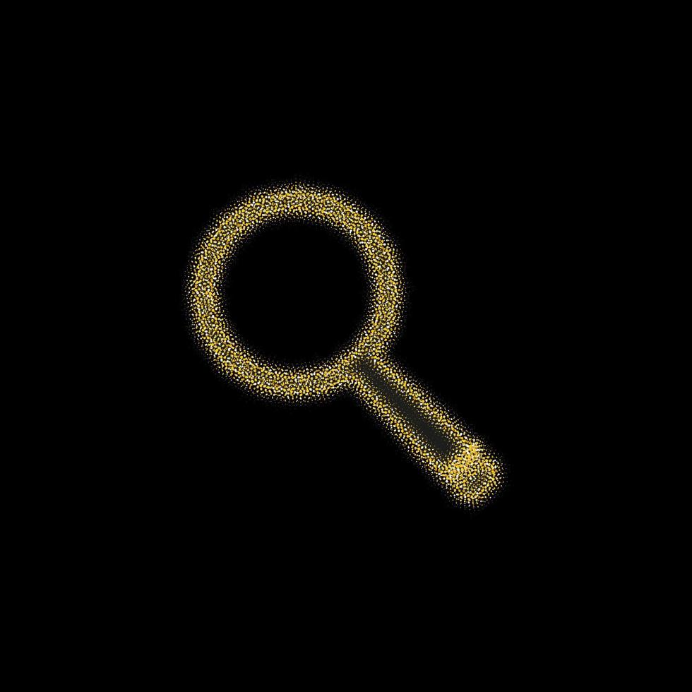 Christmas golden decoration of gold glitter shining sparkles on black background. vector icon magnifier