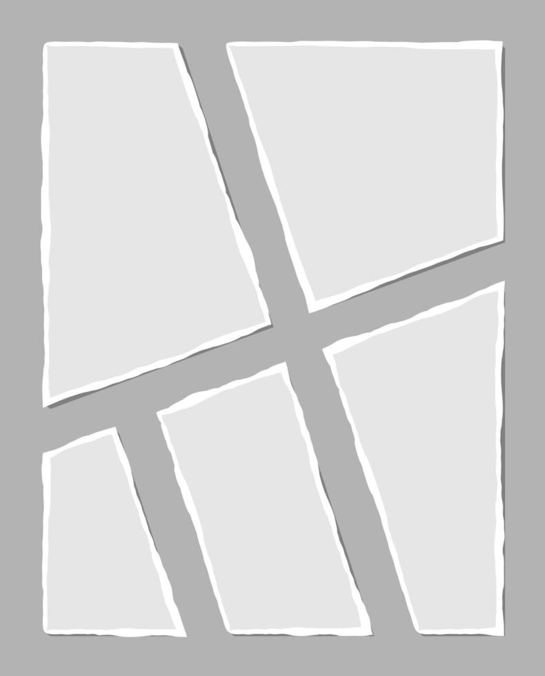 conjunto de notas blancas rotas. trozos de papel rasgado de varias formas aisladas sobre fondo gris. ilustración vectorial vector