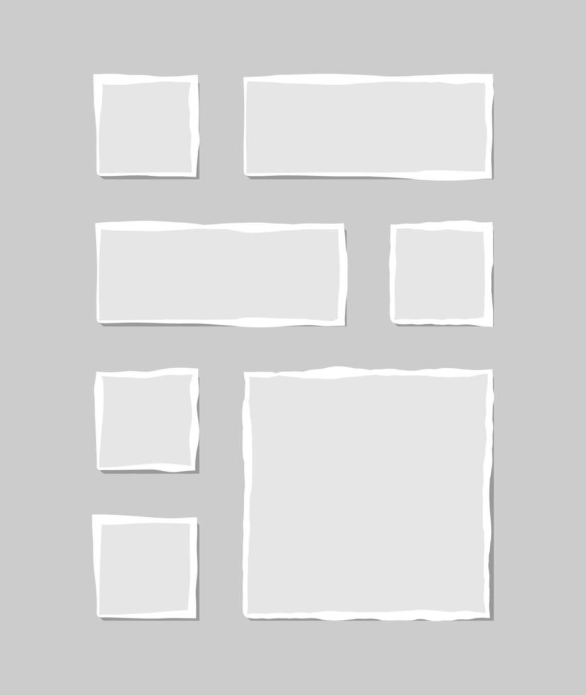 conjunto de notas blancas rotas. trozos de papel rasgado de varias formas aisladas sobre fondo gris. ilustración vectorial vector
