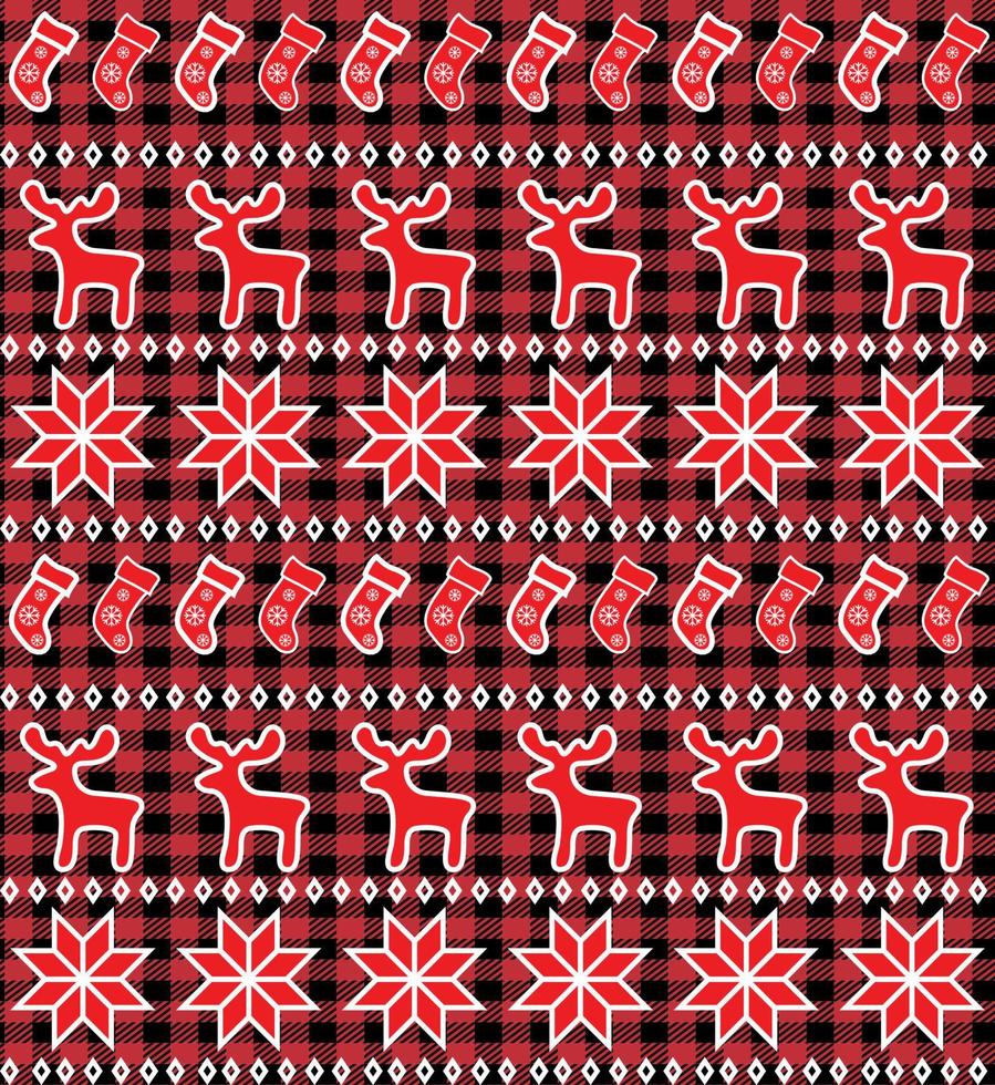Buffalo plaid Christmas Jingle Bells on the background of the music page. Festive seamless pattern. Vector illustration.