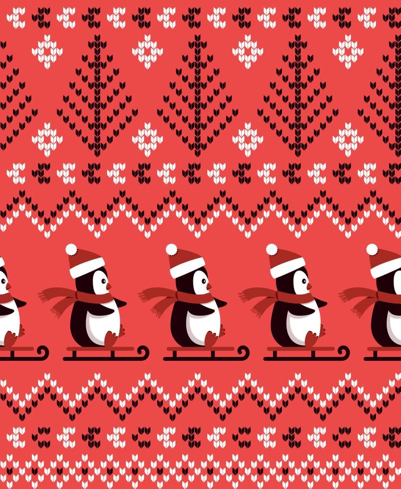 Knitted Christmas and New Year pattern the penguins. Wool Knitting Sweater Design. Wallpaper wrapping paper textile print. Eps 10 vector