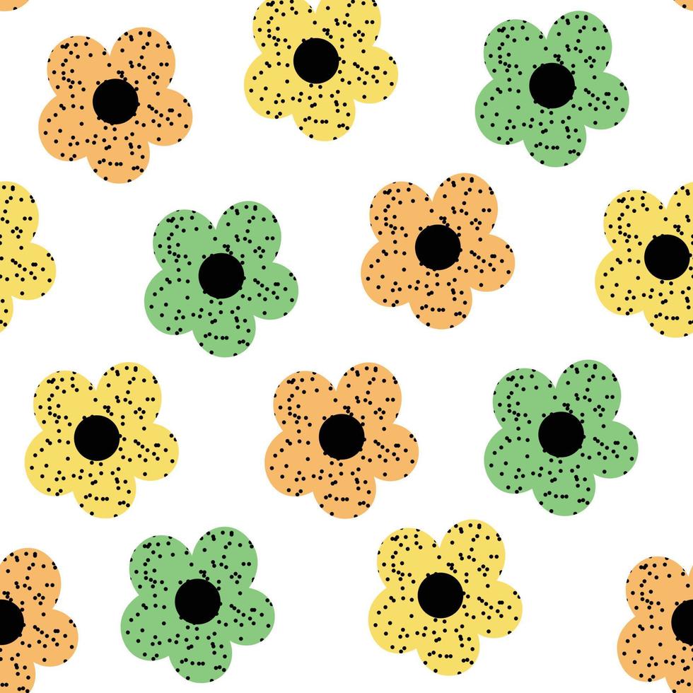 Floral colorful seamless pattern in green and yellow colors. Plants in scandinavian style and polka dots. vector