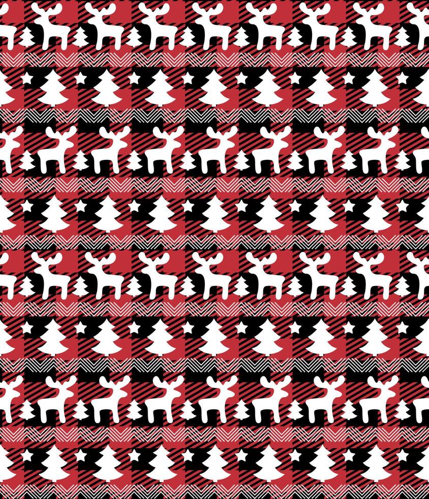 Buffalo plaid Christmas Jingle Bells on the background of the music page. Festive seamless pattern. Vector illustration.