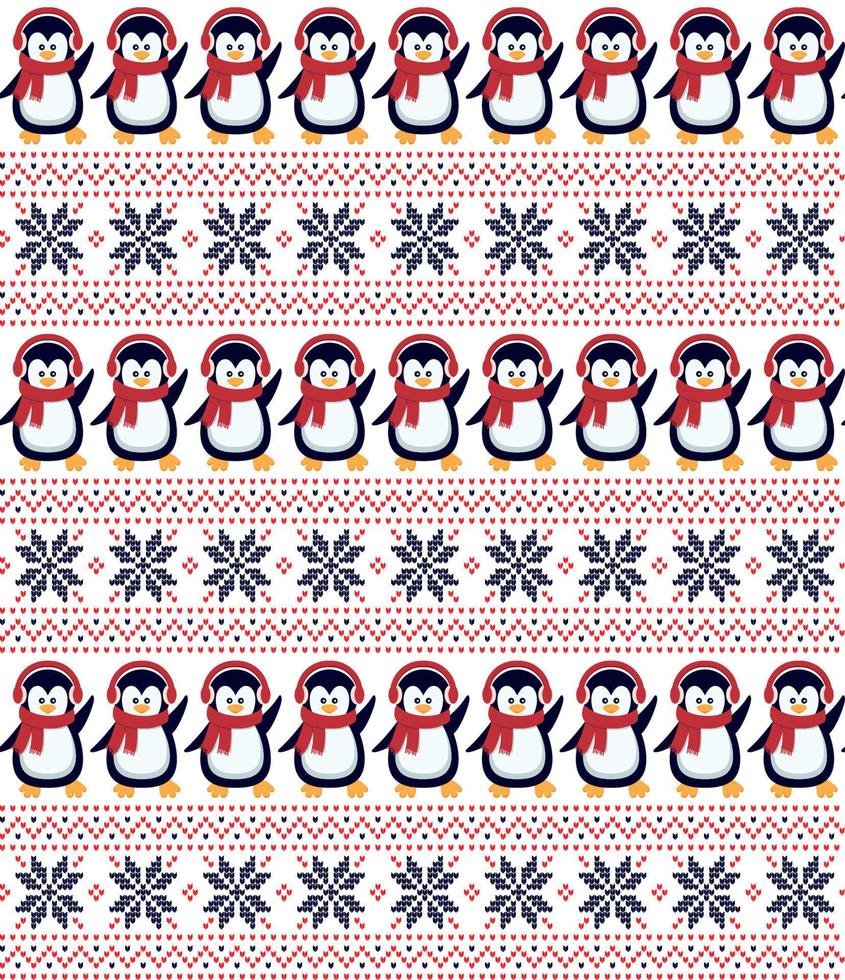 Knitted Christmas and New Year pattern the penguins. Wool Knitting Sweater Design. Wallpaper wrapping paper textile print. Eps 10 vector