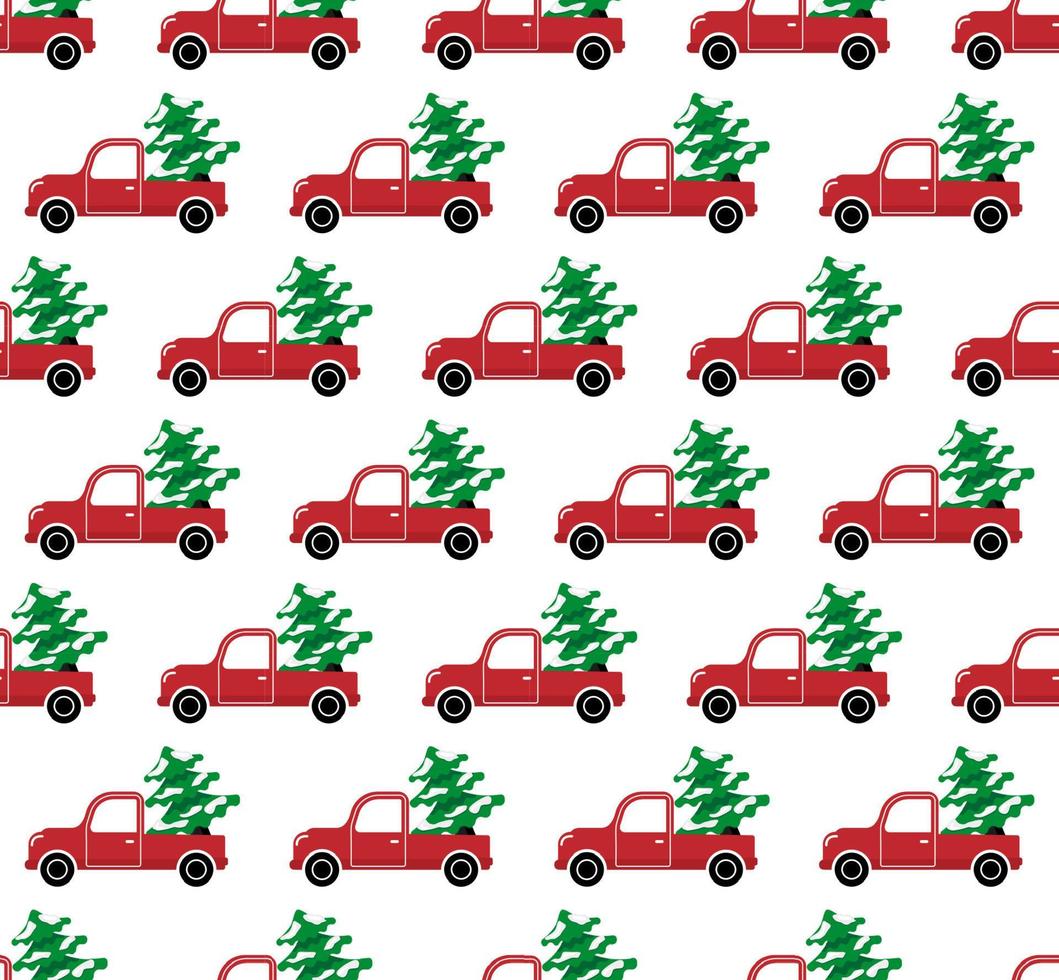 Seamless christmas pattern cabriolet carrying christmas tree vector