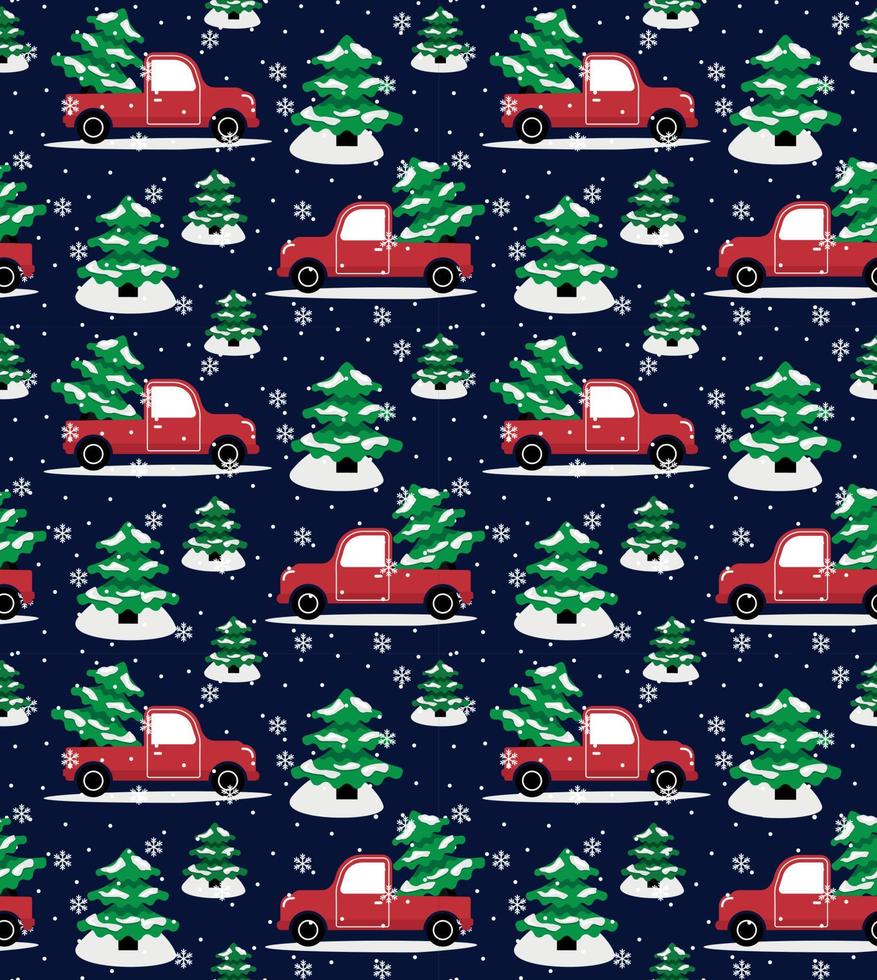 Seamless christmas pattern cabriolet carrying christmas tree vector
