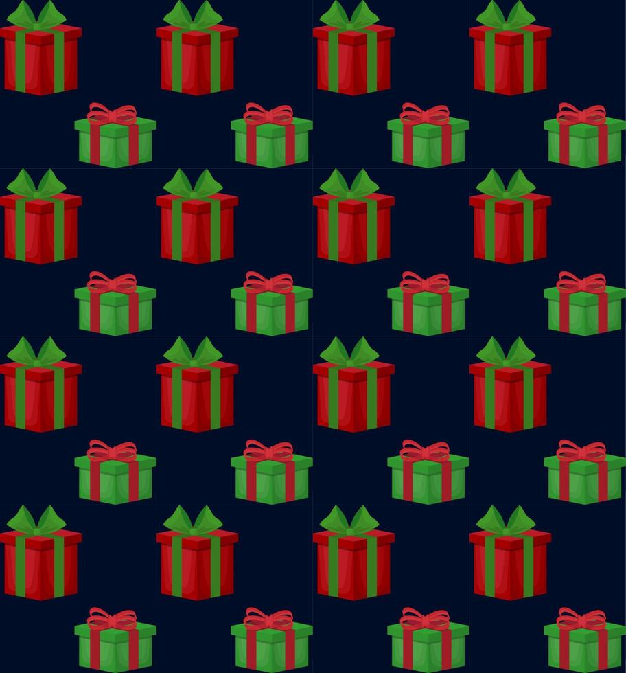 Christmas gift boxes vector pattern in retro style. Seamless background with gift boxes with bows. Illustration for greeting cards, invitations, posters.