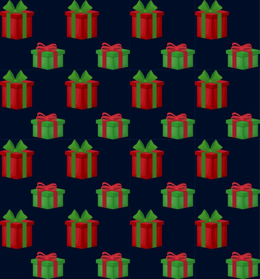 Christmas gift boxes vector pattern in retro style. Seamless background with gift boxes with bows. Illustration for greeting cards, invitations, posters.