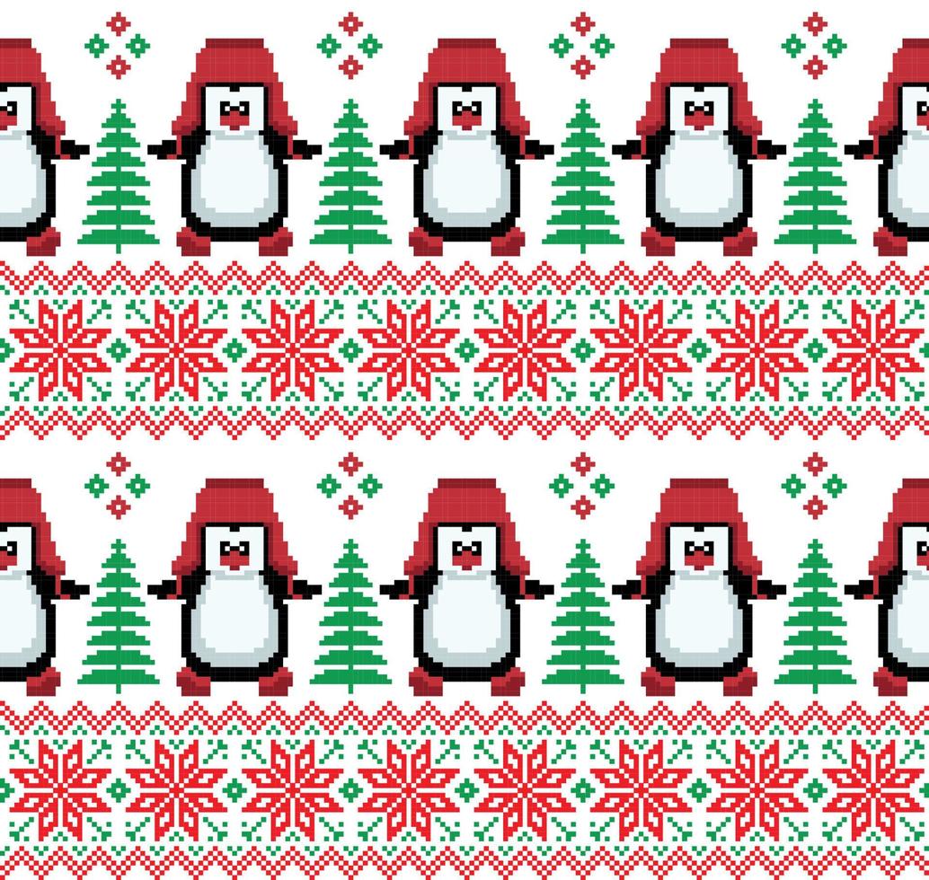 pixel de patrón de navidad de año nuevo en ilustración de vector de pingüinos