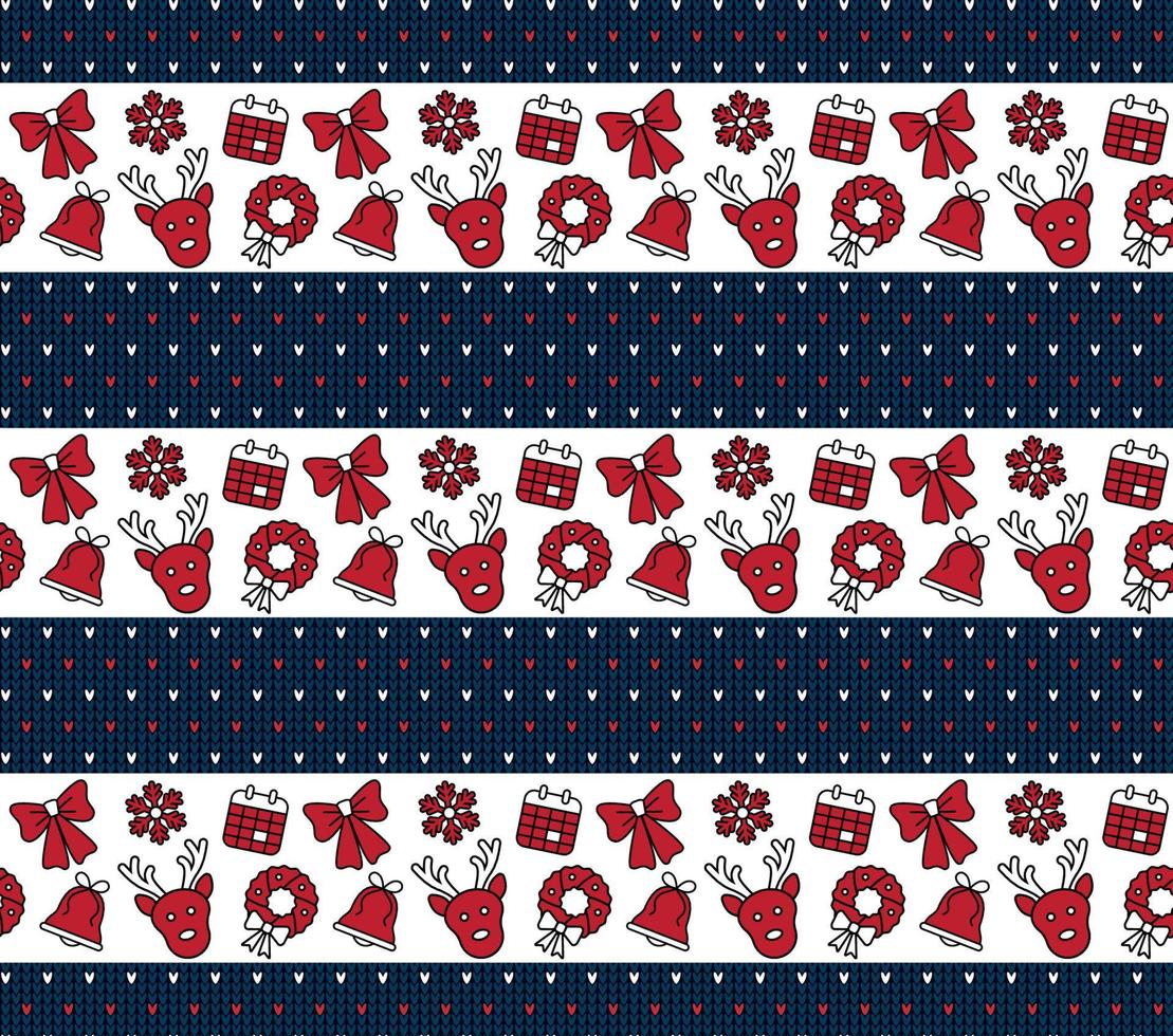 Knitted Christmas and New Year pattern. Wool Knitting Sweater Design. Wallpaper wrapping paper textile print. vector