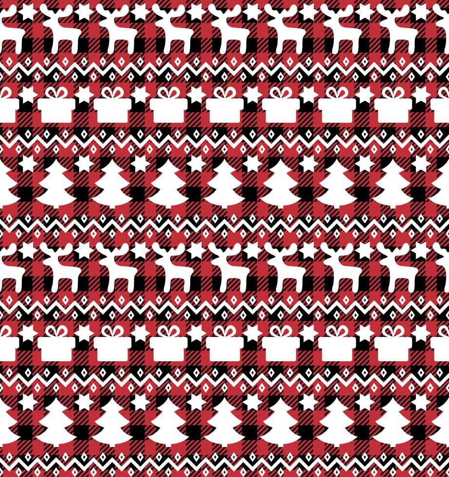 Buffalo plaid Christmas Jingle Bells on the background of the music page. Festive seamless pattern. Vector illustration.