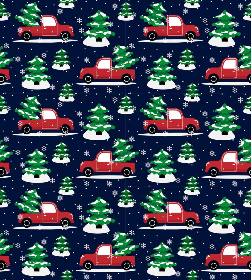 Seamless christmas pattern cabriolet carrying christmas tree vector