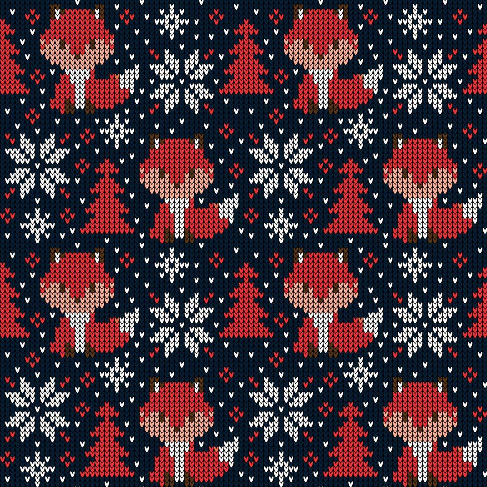 Knitted Christmas and New Year pattern in fox. Wool Knitting Sweater Design. Wallpaper wrapping paper textile print. Eps 10 vector
