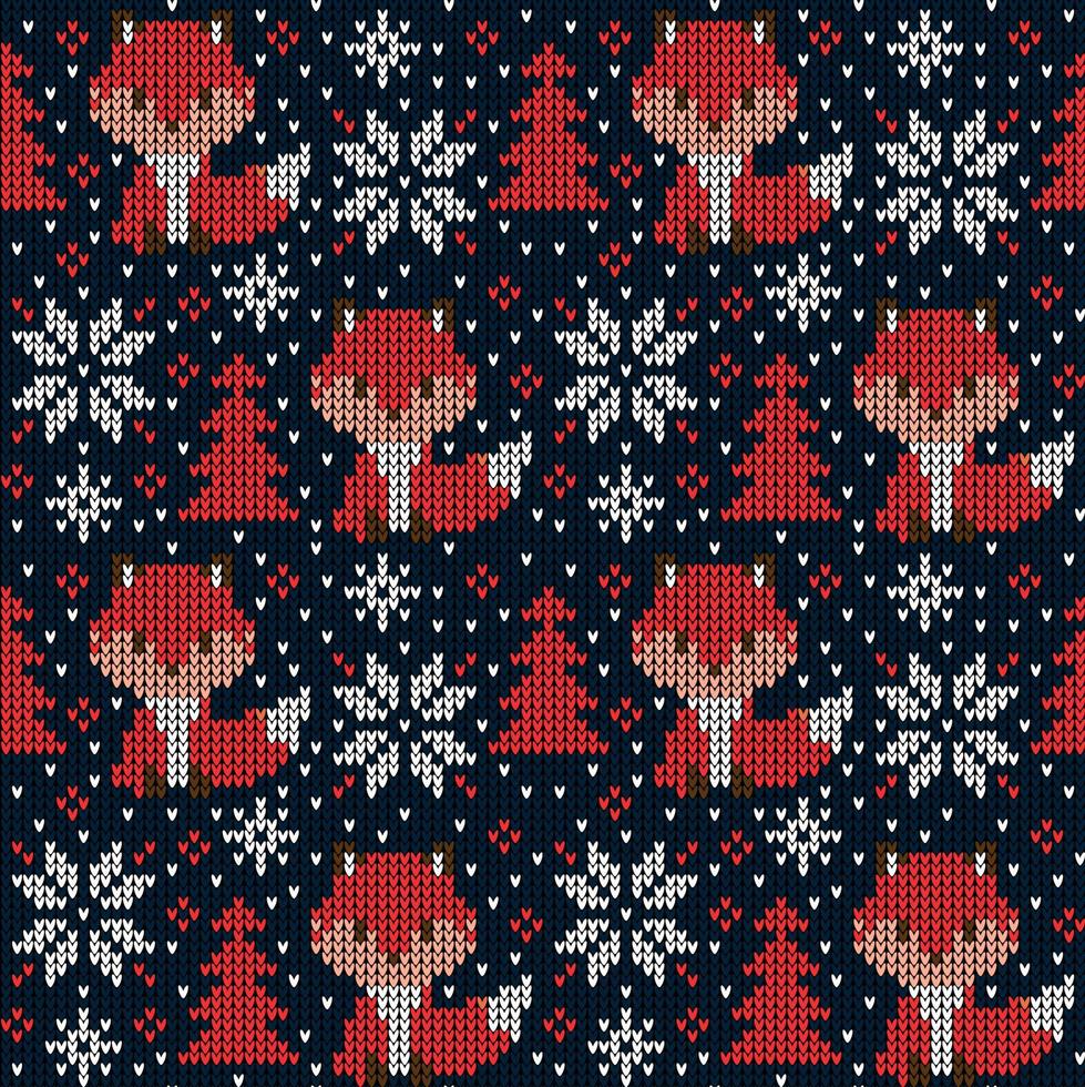 Knitted Christmas and New Year pattern in fox. Wool Knitting Sweater Design. Wallpaper wrapping paper textile print. Eps 10 vector