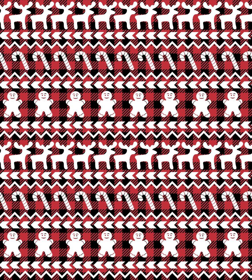 Buffalo plaid Christmas Jingle Bells on the background of the music page. Festive seamless pattern. Vector illustration.